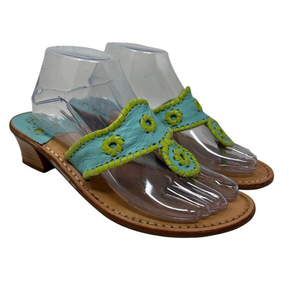 Jack Rogers Blue and Green Heeled Whip Stitch Leather Sandals 9 - Picture 1 of 9